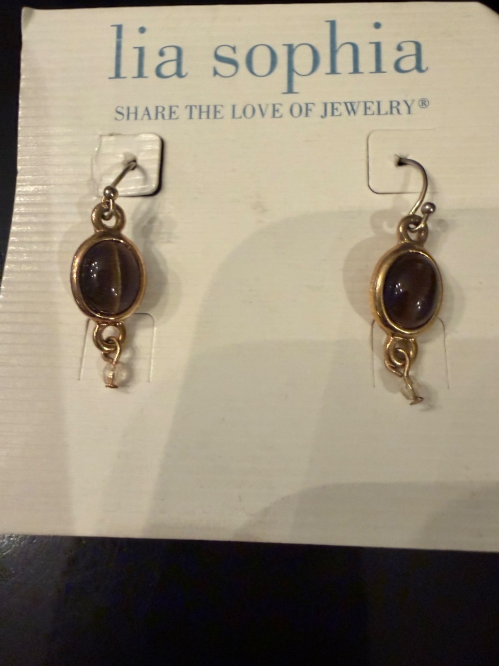 Lia Sophia Tiger Eye Cat Eye Gold Dangle Drop Fish hook Earrings